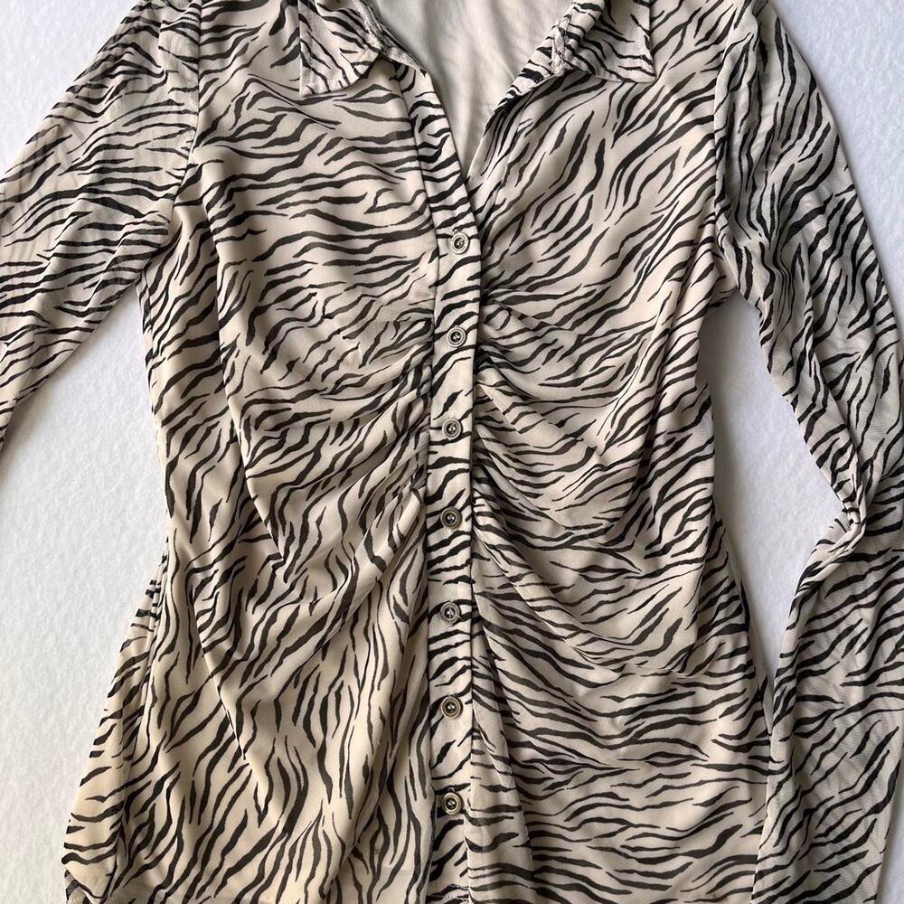 Y2K Zebra Mesh Ruched Button Down - Picture 3 of 6